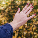 Hand with a ring against a blurred natural background